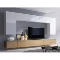 EURO-MEBLE Wohnwand CALABRINI-13 Hängewohnwand Set, 6-teilig, Weiß Hochglanz Modern, PVC-Furnier Spanplatte, grifflos, TV-Schränke (Weiß Hochglanz + Eiche Gold)