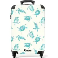 NoBoringSuitcases.com Hartschalen Handgepäck Koffer 55x35x20 cm, 36L, Sommerdruck für Männer: Weiß mit blauen Schildkröten, Reisekoffer mit 4 Rollen