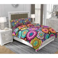 SOVIO Bettwäsche 140x200 cm + 2x70x80 cm, 3-teilig, 100% Baumwolle, Satin, Reißverschluss, Mandala, Bunt - | So.0022