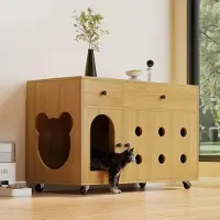 Sweiko Katzenkloschrank (bewegliche Katzentoilette) – Katzenschrank/Katzenhaus mit abnehmbare Sandablassplatte, geruchsisoliert, ohne Katzenklo, 100×45×66 cm (Naturholzfarbe, Gelbmaplefarbe)