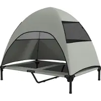 Northio Hundeliege Outdoor mit Dach, Erhöhtes Hundebett für Große Hunde, Kühlendes Haustierliege mit Waschbares Mesh Metallrahmen Tragtasche, Haustierbett für Draußen Camping 106x76x99cm, Hellgrau |