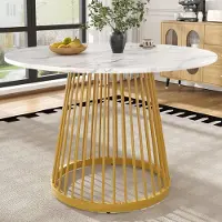 UnboxG Runder Tisch 80x80x76cm - 4 Sitzplätze, marmorierte MDF-Platte, goldfarbene Metallbeine, Ess-/Wohnzimmer
