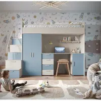 EURO-MEBLE Etagenbett FELIX 4S, Hochglanz Kinderbett, Hochbett, OHNE Matratze und Lattenrost (Kaschmir + Blau, Matt)