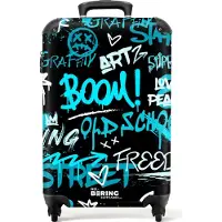 NoBoringSuitcases.com Hartschalen Handgepäck Koffer 55x35x20 cm, 36L, Bunte Graffiti-Drucke: Schwarz - Blau, Reisekoffer mit 4 Rollen