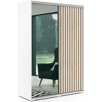 BM-Möbel Kair Kleiderschrank mit Spiegel und Schiebetüren - Weiß - Lamellen Craft Gold - 150 x 62 x 215 cm