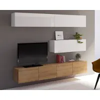 Ravio Wohnwand Amanda V, Wohnzimmer-Set, Moderne Anbauwand, Schrankwand, Mediawand (Weiß + Weiß Hochglanz / Eiche Gold)