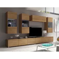 EURO-MEBLE Wohnwand CALABRINI-5 Wohnzimmer-Set Hängewohnwand Schrankwand mit LED-Beleuchtung TV-Schrank Vitrine Moderne Anbauwand Hochglanz (Eiche Gold)