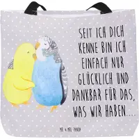 Mr. & Mrs. Panda Beutel Wellensittich Liebe - Grau Pastell - Geschenk, Freundin, Tasche, Schultasche, Strandtasche, Kuscheln, Reisetasche, Vögel, Tragetasche, Verliebt