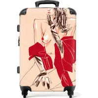 NoBoringSuitcases.com Großer Koffer - Frau - Porträt - Pastell - Rot - Kombinationsschloss TSA - Hartschalen Trolley 4 Rollen - 72 liter - Reisekoffer - 66 cmKoffer Mittelgroß 67x43x25 cm, 72L,