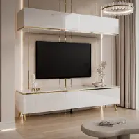 Lookway AURORA hängende Wohnwand weiß hochglanz mit schräge gold Chrom Beine