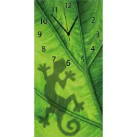 Wallario Design Wanduhr Gecko Schatten auf grünem Blatt - Umriss aus Echtglas, Größe 30 x 60 cm