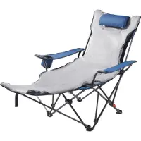 SucceBuy Faltbarer Campingstuhl mit 4 einstellbaren Positionen, Relaxsessel mit Getränkehalter, Strandstuhl mit Kopf- und Fußstütze, belastbar bis 100 kg, ideal für Outdoor-Aktivitäten, blau
