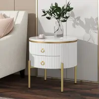 OKWISH Couchtisch Rund, Beistelltisch für Schlafzimmer, Wohnzimmertische mit Stauraum fürs Wohnzimmer, Beistelltisch mit goldenen Beinen und Griffen, Weiß