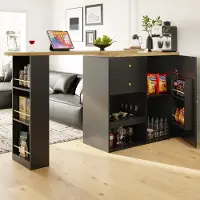 OKWISH Um 360° drehbare Essbar Küchentisch mit 2 Schubladen und Schiebetürschrank,kücheninsel mit 3 Ebenen offener Stauraum,für Esszimmer usw.Schwarz