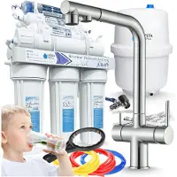 ARI Wasserfilter Set RO7 mit 3-Wege Küchenarmatur Venom 2 Edelstahl, 7-stufige Umkehrosmose, Mineralisierung, Jonisierung