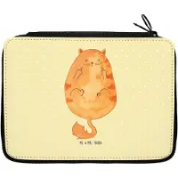 Mr. & Mrs. Panda Schlampermäppchen Katze Frühaufsteher - Gelb Pastell - Geschenk, Etui, Federtasche, Tiger, Mäppchen, Schulmäppchen, Bleistiftetui, Federmäppchen, Kaffee