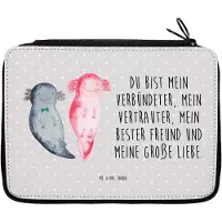 Mr. & Mrs. Panda Mäppchen Axolotl Freundin - Grau Pastell - Geschenk, Federmappe, Valentinstag, Liebe, Etui, Federtasche, Federmäppchen, Bleistiftetui