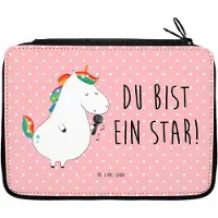 Mr. & Mrs. Panda Schüleretui Einhorn Sänger - Rot Pastell - Geschenk, Stifteetui, Mäppchen, Etui, Federmäppchen, Party, Unicorn, Schlampermäppchen, Disco, Fest, Glitzer