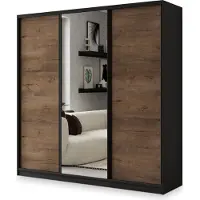 Masseno Schiebetürenschrank SORE 180/205/58 cm Kleiderschrank mit 4 Schubladen Schlafzimmer Schrank 3-türig mit Spiegel Schwarz / Eiche Lefkas