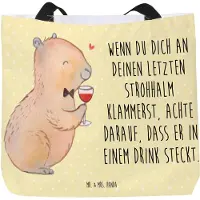 Mr. & Mrs. Panda Strandtasche Capybara Wein - Gelb Pastell - Geschenk, Tote Bag, Lustige Sprüche, Liebe Zum Spruch, Schultasche, Handzeichnung, Heiterer, Weinliebhaber