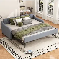 ALFORIGO Tagesbett 90x200 cm, Leinen/MDF, mit Rollbett, Sofabett mit Rollbett auf gleicher Höhe als Bettsofa mit integriertem USB-Ladeanschluss, Grau