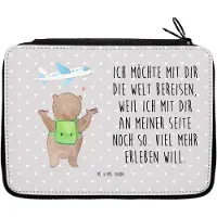 Mr. & Mrs. Panda Etui Bär Flugzeug - Grau Pastell - Geschenk, Freund, für Männer, Frauen, Schlampermäppchen, Freundin, Valentinstag, Stifte, Bleistiftetui, Federmappe