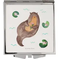 Mr. & Mrs. Panda Kosmetikspiegel Otter Seerose - Weiß - Geschenk, Quadratischer Spiegel, Seeotter, Schminkspiegel, Reise, Wasser, Kleiner, Fluss, Klappspiegel, glücklich