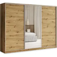 Masseno Schiebetürenschrank TARI 235/205/58 cm Kleiderschrank mit 4 Schubladen Schlafzimmer Schrank 3-türig mit Spiegel Eiche Artisan