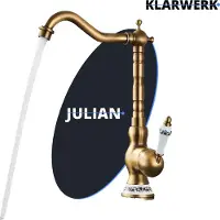 KLARWERK JULIAN | Premium Vintage Küchenarmatur Messing Gold | Edelstahl Retro Wasserhahn Mischbatterie Küche Gastro | 360° drehbar 2 Anschlüsse
