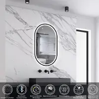 Aica Sanitär GmbH AICA LED Badspiegel Oval 45x75cm Beschlagfrei Bluetooth Uhr 3 Lichtfarbe Dimmbar Wandspiegel mit Schwarzem Rahmen IP44