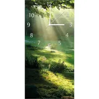 Wallario Design Wanduhr bedruckt, Größe 30 x 60 cm, Motiv: Sonnenstrahlen im Wald