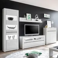 Lomadox Wohnzimmer Wohnwand in Hochglanz weiß COGO-61 inkl. Beleuchtung und mit Griffmulden in Betonoptik BxHxT: 336x198x42cm