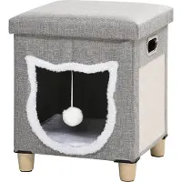 Moonbite Katzen-Ottomane mit Höhle, Kratzmatte und Tragegriff, Katzenhocker mit waschbarem Kissen und Spielball, bis 5 kg, MDF, Grau
