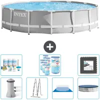 Intex Round Prism Frame Swimming Pool – 427 x 107 cm – Grau – inklusive Pumpe – Leiter – Bodenplane – Abdeckung Wartungspaket - Filter - Bodenfliesen