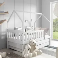 Jerpax Kinderbett mit Matratze und Schublade 160 x 80 cm Kinderbett mit Unterbett Doppelbett Weiß NINA
