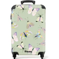 NoBoringSuitcases.com Hartschalen Handgepäck Koffer 55x35x20 cm, 36L, Insekten- und Pflanzendrucke für Frauen: Grün mit Schmetterling, Reisekoffer mit 4 Rollen