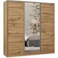 Masseno Schiebetürenschrank TARI 180/205/58 cm Kleiderschrank mit 4 Schubladen Schlafzimmer Schrank 3-türig mit Spiegel Eiche Wotan