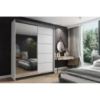 FURMEB24 Schiebetürenschrank AMANDA 150x200 cm Kleiderschrank mit Spiegel, 2-türiger Schiebeschrank (weiss/ Schwarz + silberne Einsätze)
