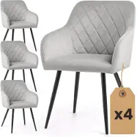 Akord 4er Set Velours Esszimmerstühle mit Rautensteppung VELTO Grau mit schwarzen Beinen