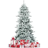 KOMFOTTEU Künstlicher Weihnachtsbaum 210 cm, Tannenbaum mit Schneeflocke & Tannenzapfen, Kunstbaum Partydekoration mit Metallständer, für Haus, Geschäfte, Büro