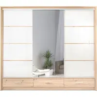 Furniture24 Kleiderschrank Alaska 255x220x66cm Schwebetürenschrank Spiegel Schubladen Artisane Eiche Weiß Glanz