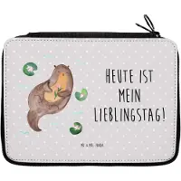Mr. & Mrs. Panda Mäppchen Otter Seerose - Grau Pastell - Geschenk, Schlampermäppchen, Fluss, Lieblingstag, Seeotter, Wasser, Federmäppchen, Etui, Federmappe