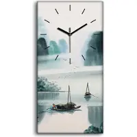 Coloray Wohnzimmer-Bild Leinwand Uhr Geräuschlos 30x60 Chinesische Tinte Boote Kunst - schwarze Hände