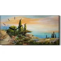 Coloray Dekor Leinwand Uhr Wandbilder 60x30 Ölgemälde Bäume Küste Himmel Sonnenuntergang - schwarze Hände