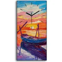Coloray Wanduhr Bürouhr Leinwand Bild Quarz 30x60 Boot Wasser Sonne Himmel Landschafts - schwarze Hände