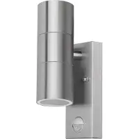 Grafner Edelstahl Wandlampe mit Bewegungsmelder, silber, nach oben und unten gerichtetem Lichtschein, IP44, 2x GU10 Fassung, für außen und innen, Wandleuchte Wand Lampe nach oben und unten scheinend