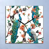 Coloray Wanduhr Echt-Glas-Küchenuhr Pfauen und Blumen Quarz Lautlos 30x30 Deko Bilder