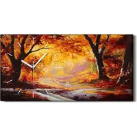 Coloray Küchenuhr Bürouhr Leinwand Uhr Geräuschlos Kunstdruck 60x30 Malerei Herbst Wald - weiße Hände