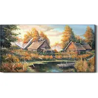 Coloray Dekor Leinwand Uhr Wandbilder Geräuschlos 60x30 Malerei Hütten Wald Bäume Natur - weiße Hände