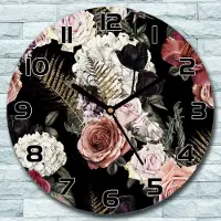 Coloray Wanduhr aus Glas Rund fi 30 Dunkle Gartenblumen Quarz Deko Wohnzimmer Büro